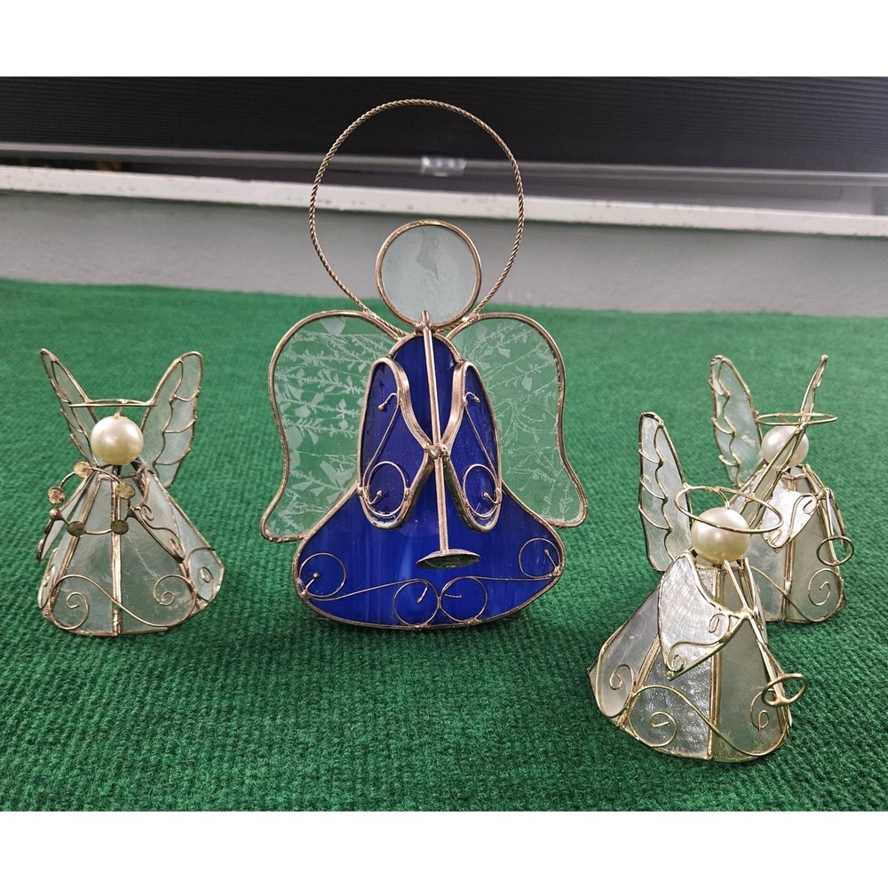 LOT OF 4‎ Stained Glass Angel Tealight Candle Holder Blue Wings Halo